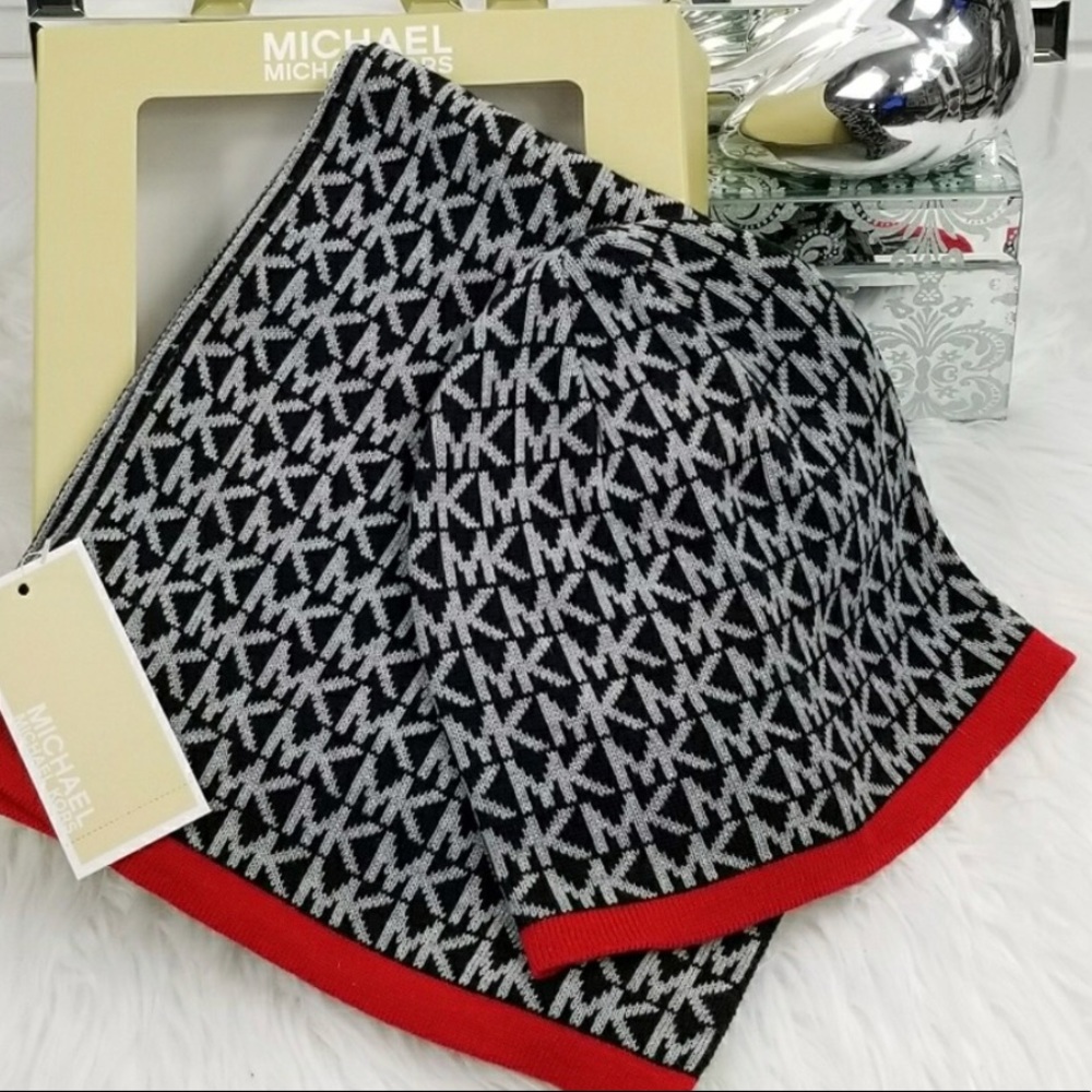 JUST SOLD MK Kors Scarf & Hat Set Black/Red